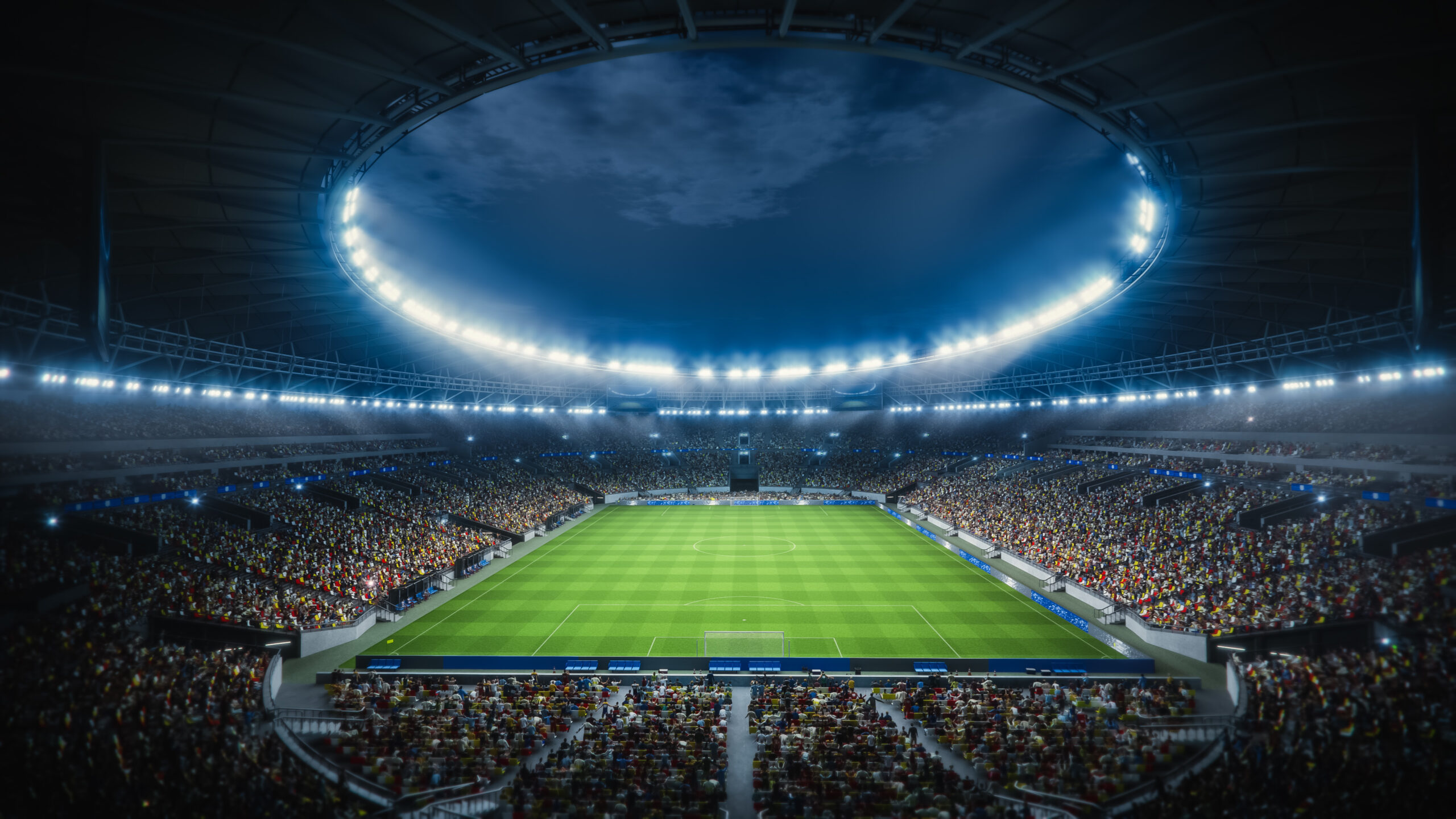 2026 FIFA World Cup Carbon Footprint: A Sustainability Guide 3 Night Drone Flight Circles Soccer Stadium During Major Event. Football Tournament, Cup Broadcast. Sport Channel Network Television Screen Content