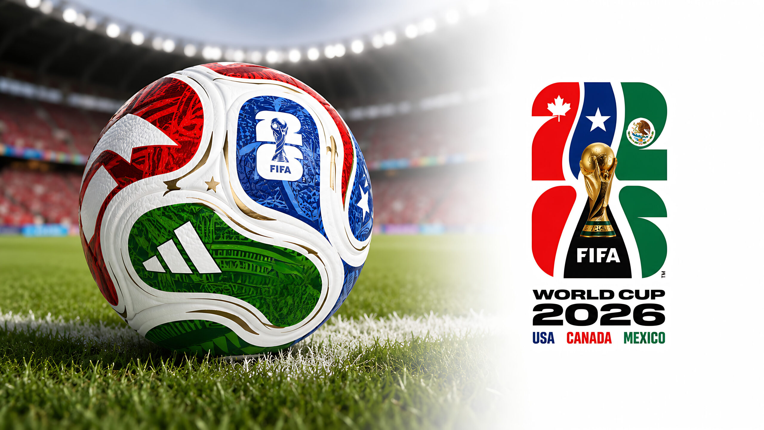 2026 FIFA World Cup Carbon Footprint: A Sustainability Guide 2 Official FIFA World Cup 2026 Match Ball on Pitch and official logo of soccer tournament in USA, Canada and Mexico